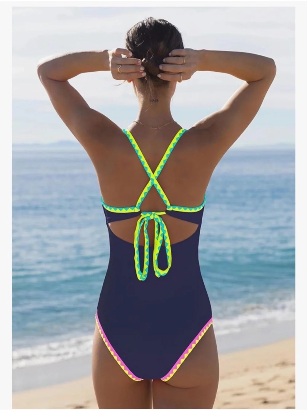 NWT 🆕 Women’s one-piece bathing suit POPVIL navy neon Deep v-neck Size Small